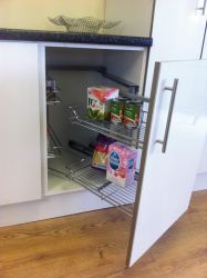 Hafele Magic Corner 1 - Pull and Swing Corner Storage Unit, with Four Linear Silver Wire Baskets