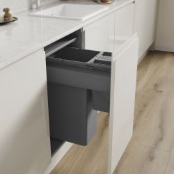 Blum Merivobox Ninka 400mm integrated pull-out kitchen bin with soft-close mechanism showing dual compartment configuration in grey matt finish installed in white cabinet