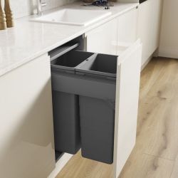 Blum Merivobox Ninka 450mm integrated pull-out kitchen bin with 2 compartments  soft-close mechanism  installed in white cabinet with wooden floor
