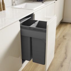 Blum Merivobox Ninka 500mm integrated pull-out kitchen bin with 2 compartments open  showing soft-close grey waste bins installed in white cabinetry