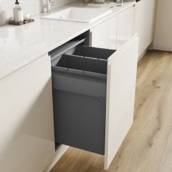 Blum Merivobox Ninka 600mm integrated pull-out kitchen bin with 2 waste compartments  grey finish  installed in white cabinetry with soft-close mechanism