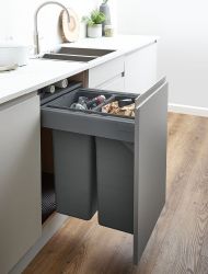 Blum TANDEMBOX 400mm integrated pull-out kitchen bin with 2 compartments (55.2 litres total) installed in white cabinet  showing soft-close drawer open with waste bins visible