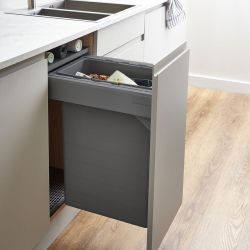 Blum Tandembox 400mm integrated pull-out kitchen bin with soft-closing mechanism  showing dual compartment configuration installed in white cabinetry