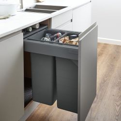 Blum Tandembox 450mm integrated pull-out kitchen bin with 2 compartments (32L and 1.2L capacity) in Orion grey matt  installed in white cabinet with soft-close mechanism