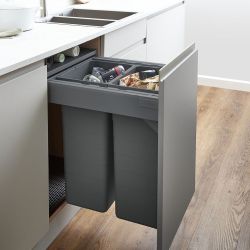 Blum Tandembox 500mm integrated pull-out kitchen bin with soft-closing hinged door  showing three waste compartments inside installed cabinet