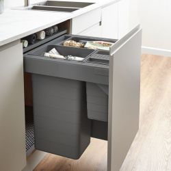 Blum Tandembox 600mm integrated pull-out kitchen bin system with 3 compartments (42L  32L  8L) shown installed in cabinet with soft-close mechanism and grey finish