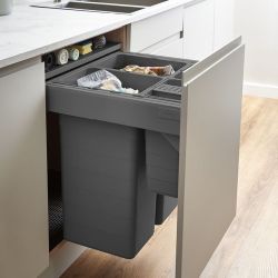 Blum Tandembox Ninka 600mm integrated pull-out kitchen bin with 4 compartments (2x32L  2x8L) installed in white cabinet  soft-close mechanism visible