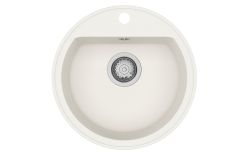 Clearwater Mio Compact Round 1 bowl granite composite kitchen sink in white  450mm diameter  with stainless steel waste outlet  top view