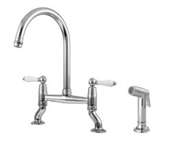 Clearwater Elegance, Dual Lever, C-Spout, Traditional Belfast Bridge Kitchen Tap with Pull Out Spray