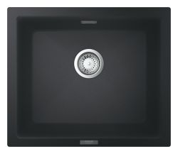 Grohe K700 black quartz composite single bowl kitchen sink  533mm × 457mm  top-down view showing 393mm wide bowl with chrome waste fitting