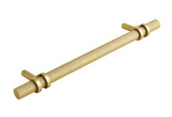 Hafele Barchester double ringed T-bar kitchen handle in satin brass iron with decorative ring detail at mounting points