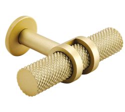 Hafele Barchester iron double ringed T knob  18mm diameter  featuring contrasting textured and smooth surfaces in satin brass finish