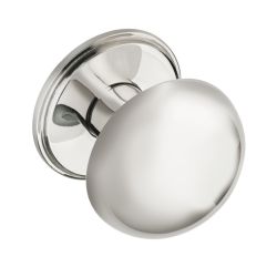 Häfele Bevera polished nickel brass knob 32mm diameter shown mounted on chrome escutcheon with rear screw fixing visible
