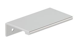 Hafele Quinn aluminium kitchen pull handle with straight-edged profile 70mm length mounted on cabinet door showing 50mm fixing centres