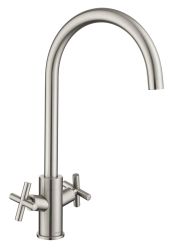 The1810 Curvato Cross brushed steel kitchen mixer tap with curved C-spout dual cross-head levers and 277mm total height