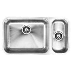 The1810 Etroduo 535/191u stainless steel 1.5 bowl undermount kitchen sink with satin finish showing large main bowl and smaller secondary bowl with basket strainer wastes