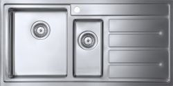 The1810 Forzaduo 150i 1.5 bowl inset stainless steel kitchen sink with satin finish featuring dual bowls and integrated drainer areas overhead view