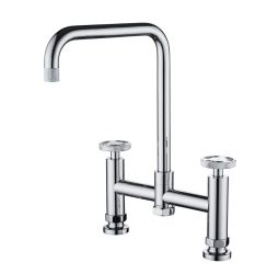 The1810 Henry Holt Collection bridge mixer kitchen tap with twin lever handles and fixed spout  shown in chrome finish  342mm total height