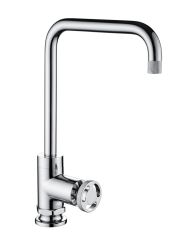 The1810 Henry Holt single lever kitchen mixer tap in chrome with bold industrial geometry 341mm total height featuring chunky lever handle and swivel spout.