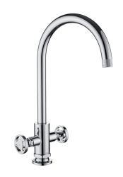 The1810 Henry Holt twin lever kitchen mixer tap in chrome with industrial-inspired brass construction bold curved spout and dual lever handles