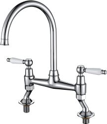 The1810 Moulins Classic Bridge Mixer kitchen tap with arched brass spout dual ceramic handle sets and swivel function for sink coverage