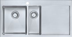 The1810 Razorduo 1.5 bowl stainless steel kitchen sink with integrated drainer overhead view showing dual bowls and satin finish