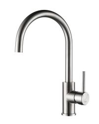 The1810 T521 Chiemsee single-lever kitchen mixer tap in polished stainless steel with curved swan-neck spout shown against white background