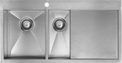 The1810 Zenduo 1.5 bowl stainless steel kitchen sink with satin finish  showing double bowl configuration with integrated drainers and basket strainer waste fittings