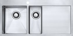 The1810 Zenduo15 1.5 bowl stainless steel kitchen sink with satin finish inset or undermount installation showing double bowl layout with drainer area