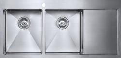The1810 Zenduo15 stainless steel double bowl kitchen sink with satin finish  showing two equal bowls with integrated drainers and right-side drainer board  1060mm x 510mm overall size