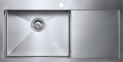 The1810 Zenduo15 stainless steel single bowl kitchen sink with integrated drainer  550mm bowl width  satin finish  top view showing basket strainer waste