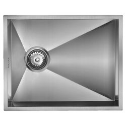 The1810 Zenuno 500mm single bowl stainless steel kitchen sink  top-down view showing satin finish basin with offset waste and basket strainer