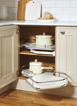 Hafele Corner Pull Out Shelving Unit, White Base with Polished Chrome Flat Bar Rail, for Cabinet Widths 800 -1000 mm