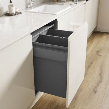 Blum Merivobox Ninka 600mm integrated pull-out kitchen bin with 2 waste compartments  grey finish  installed in white cabinetry with soft-close mechanism