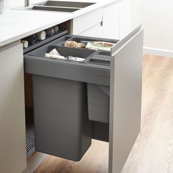 Blum Tandembox 600mm integrated pull-out kitchen bin system with 3 compartments (42L  32L  8L) shown installed in cabinet with soft-close mechanism and grey finish