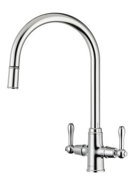 Clearwater Broadway Mono Pull-out Kitchen Tap with dual lever handles  high-arc spout  and retractable spray function in polished chrome