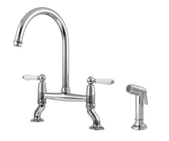 Clearwater Elegance, Dual Lever, C-Spout, Traditional Belfast Bridge Kitchen Tap with Pull Out Spray