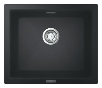 Grohe K700 black quartz composite single bowl kitchen sink  533mm × 457mm  top-down view showing 393mm wide bowl with chrome waste fitting