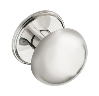 Häfele Bevera polished nickel brass knob  32mm diameter  shown mounted on chrome escutcheon with rear screw fixing visible