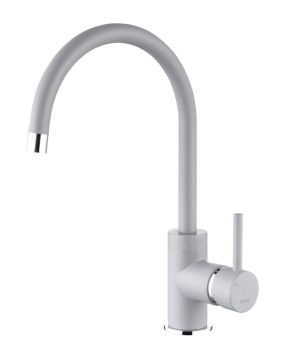 The1810 Courbe single-lever mixer tap with curved arc spout in stainless steel  338mm total height  shown against white background
