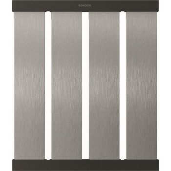 Schock Design Drip Rack 392mm x 336mm in light grey with dark frame  front view showing four vertical slats and spacing dimensions