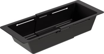 Schock black flexible strainer bowl 352 × 180 × 88 mm with removable insert and drainage system  shown from above angled view