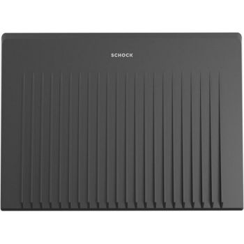 Schock Silicone Drain Mat in Anthracite with vertical ridged design  top view showing product branding