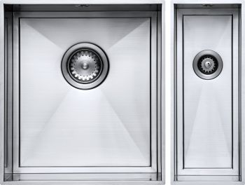The1810 Axixuno 1.5 bowl stainless steel kitchen sink top-down view showing 355mm main bowl and 150mm secondary bowl dimensions