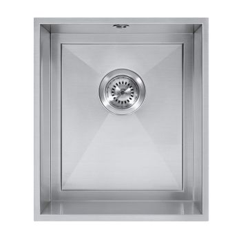 The1810 Axixuno 355u single bowl stainless steel kitchen sink 400mm x 355mm top-down view showing basin depth and integrated strainer