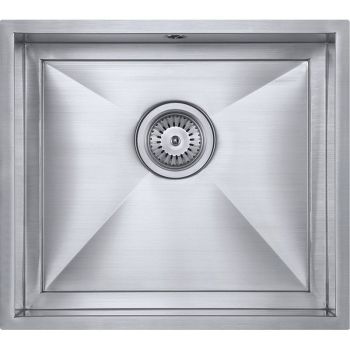 The1810 Axixuno 450u single bowl undermount stainless steel kitchen sink 450mm wide shown from above with integrated basket strainer waste