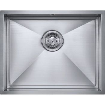 The1810 Axixuno 500u single bowl undermount stainless steel kitchen sink 500mm wide with 400mm depth shown from above with integrated basket strainer waste