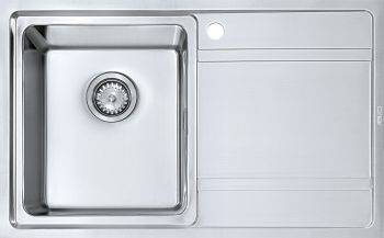 The1810 Bordouno 800i single bowl stainless steel kitchen sink with satin finish 800mm wide featuring integrated drainer space and basket strainer waste.