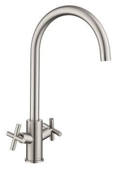 The1810 Curvato Cross brushed steel kitchen mixer tap with curved C-spout  dual cross-head levers  and 277mm total height