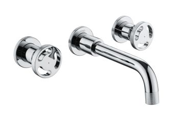 The1810 Henry Holt wall-mounted kitchen tap in chrome with solid brass construction  swivel spout  dual lever handle sets  and industrial-inspired design
